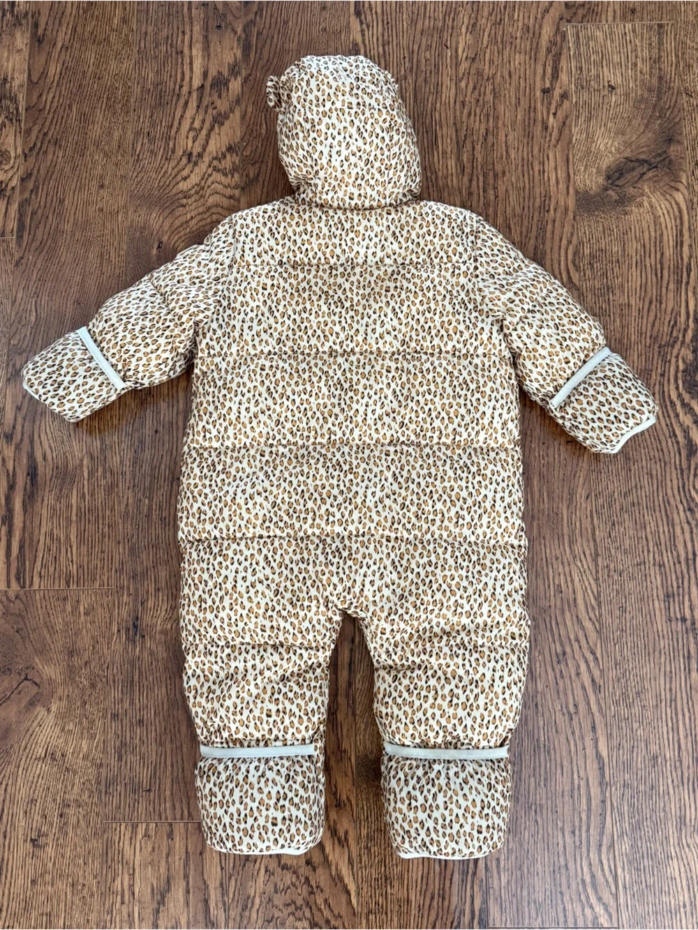 GAP Leopard-Print Hooded Puffer Snowsuit in Cream and Brown